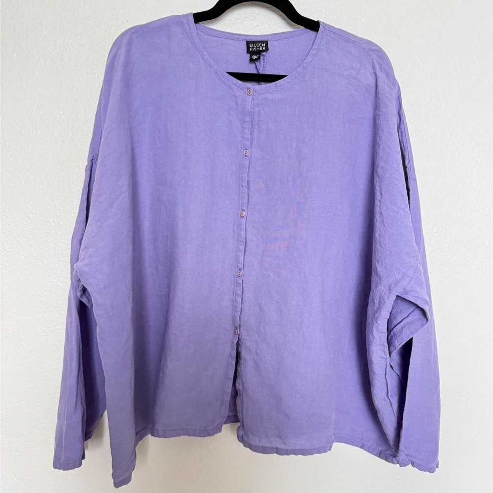 Eileen Fisher Irish Linen Oversized Button Front Shirt Lavender L